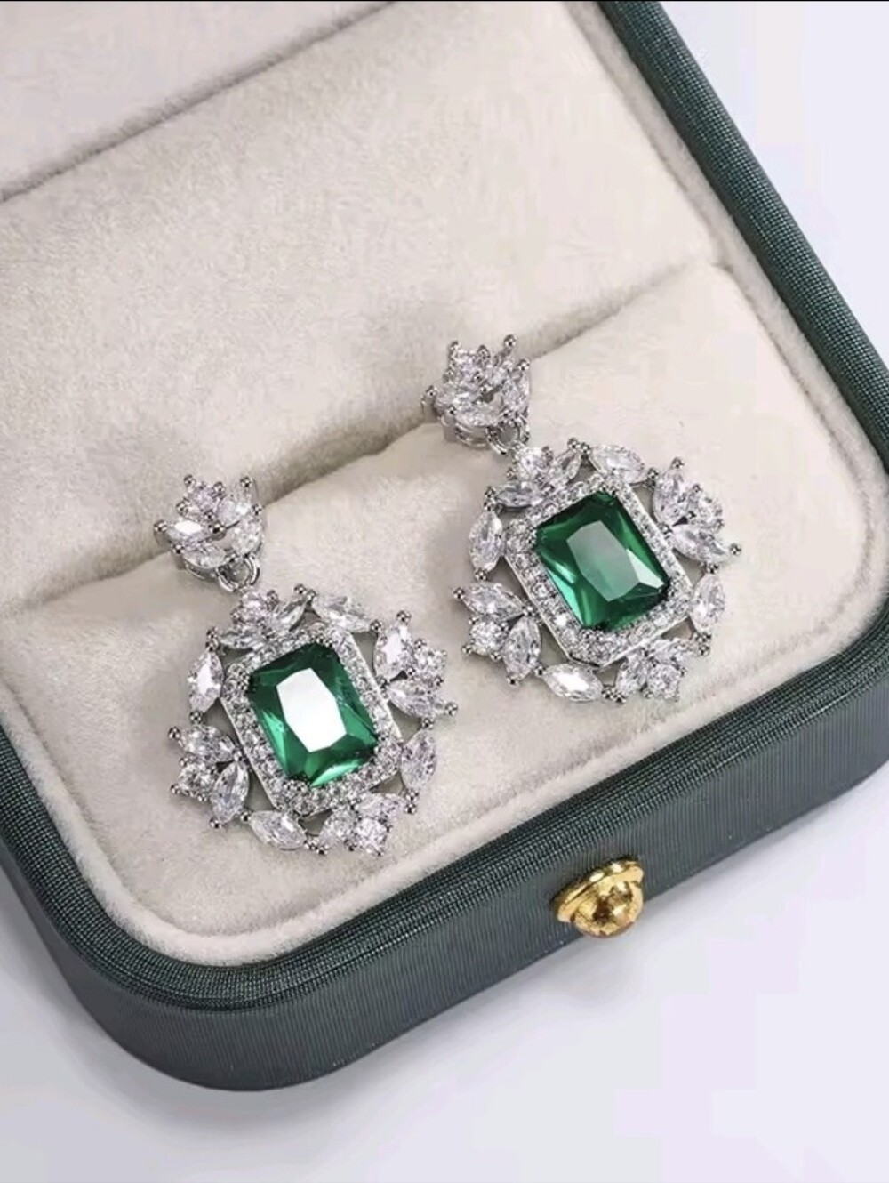 Emerald Green Crystal Statement Drop Earrings – Elegant Silver Tone - Picture 4 of 5